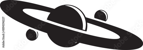 Black and white illustration of a planet with rings