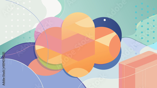 Abstract colorful background illustration featuring a blue sky with clouds and a vector pattern of flowers and butterflies designed as a cartoon heart shape for a baby card decoration