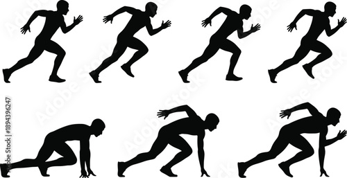 Running athlete silhouettes collection, sprint start and motion poses, fitness training concept, dynamic sports movement, black human figures isolated