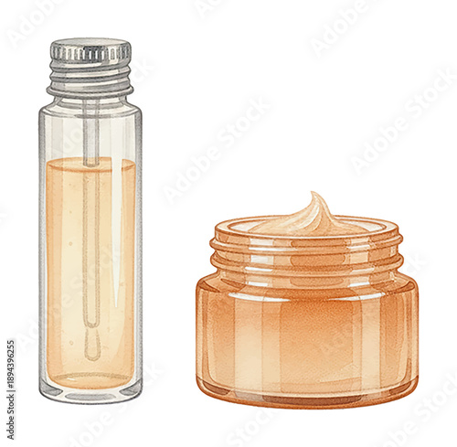 Cosmetic serum dropper bottle and face cream jar with natural ingredients for healthy skin care