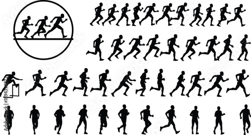 PrintRunning man silhouette sequence, sprint and jogging poses, athlete motion set, fitness training concept, sport action illustration