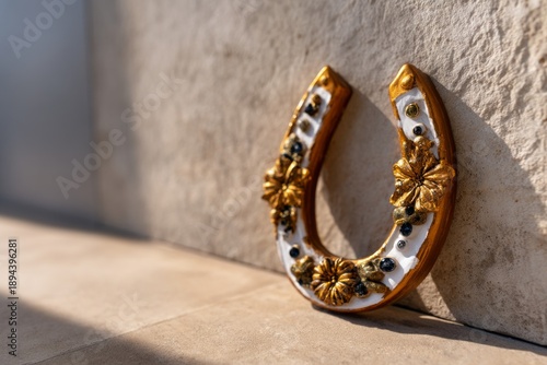 Decorative Lucky Horseshoe with Elegant Features on a Neutral Background