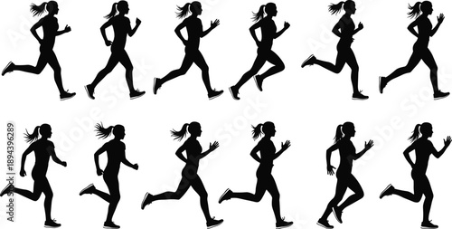 Running woman silhouettes collection, female jogger poses, fitness workout motion, active lifestyle exercise, athletic training, black vector illustration set