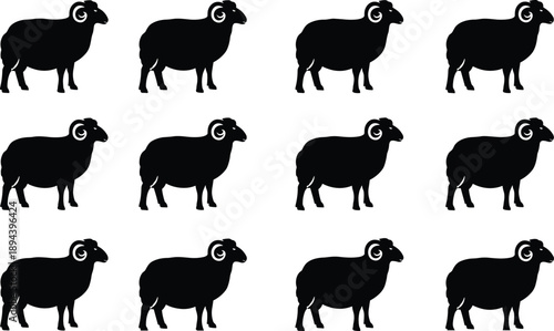 Sheep silhouettes pattern set, farm animal ram shapes, livestock agriculture concept, black minimal vector illustration collection
