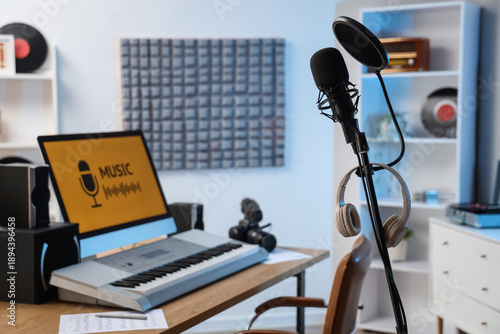 Stand with microphone in re...