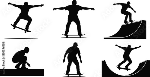 Skateboarder silhouettes performing tricks and jumps, street skateboarding action poses, extreme sport movement, urban skate park scenes, isolated black illustration