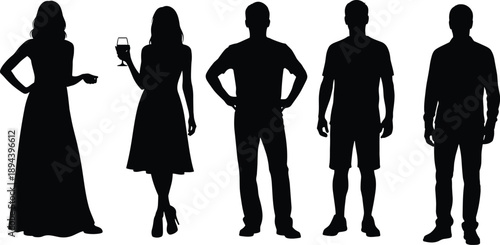 Standing people silhouettes collection, men and women poses, casual human figures, lifestyle characters, confident posture icons, modern people illustration set