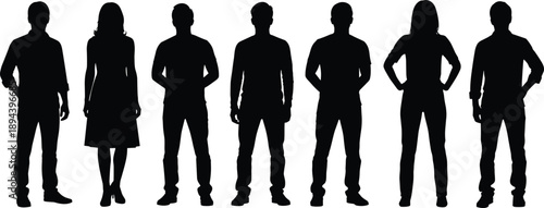 Standing people silhouettes set, men and women full body poses, diverse human figures, black vector illustration isolated white background