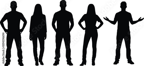 Standing people silhouettes, men and women posing confidently, human figures with different gestures, black silhouettes isolated on white background