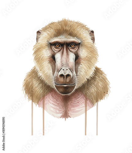 Intense Baboon Head Portrait with Watercolor Splatter and Dripping Art Style on White Background