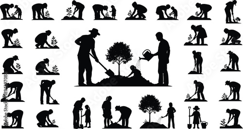 Tree planting silhouettes set with adults and children gardening together, family ecology activity, nature conservation concept, black vector illustration