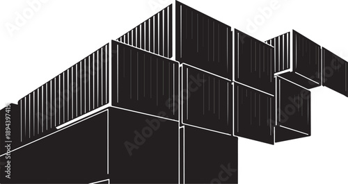 Black shipping containers stacked in a corner formation