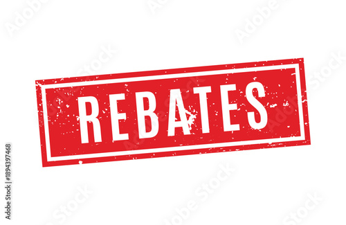 bold red grunge rectangular stamp with rebates text for financial promotion and retail discount events