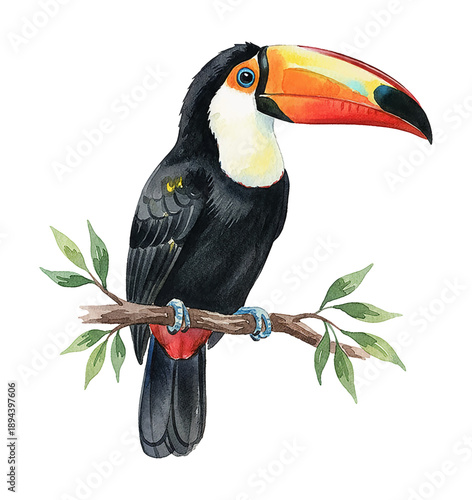 A colorful tropical toucan bird with a vibrant beak perching calmly on a tree branch with green leaves