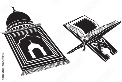 A black and white illustration of a mosque prayer mat and an open Quran book with a pen on a decorative box.