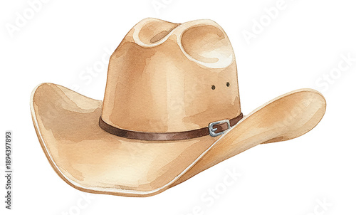 Rustic brown watercolor cowboy hat with a detailed belt and silver buckle perfect for western themes