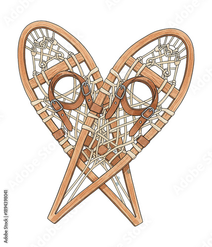 A pair of traditional wooden snowshoes with leather bindings intricately crossed forming a heart shape on white background