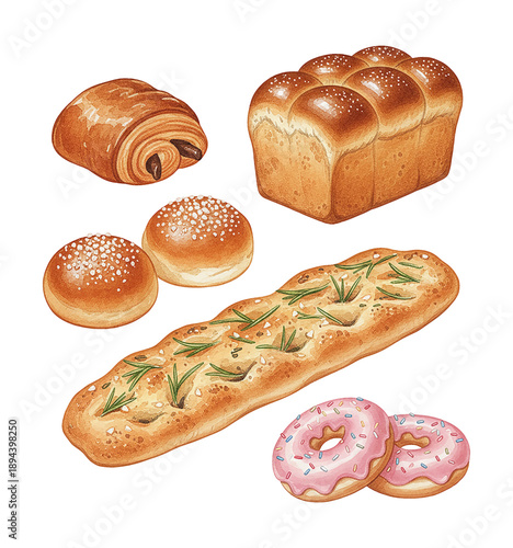 Delicious assortment of freshly baked bread pastries and donuts appealing food collection