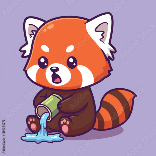 Cute Vector Red Panda Spilling Drink Surprised Cartoon Animal Illustration