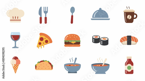 Assorted Food Icons in Flat Design Style.