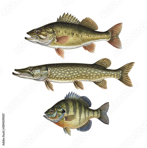 Detailed realistic illustration of three different common freshwater fish species bass pike sunfish