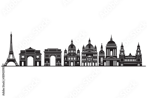 A black and white illustration of famous Parisian landmarks on a white background