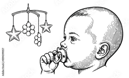 Hand drawn line art illustration of a baby with a pacifier depicting a peaceful nursery scene for childhood