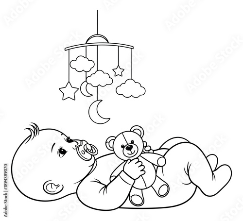 Line art illustration of a baby depicting an infant holding a teddy bear and gazing at a mobile for a nursery