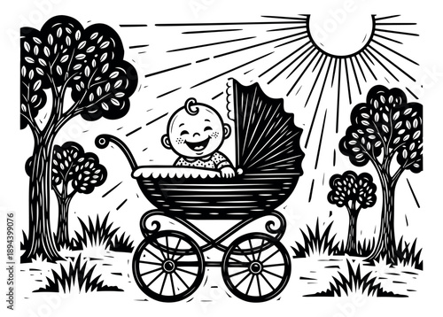 Hand drawn illustration of a baby in a pram depicting a happy outdoor stroll for childhood