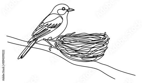 Continuous line art illustration of a bird depicting it perched on a branch next to an empty nest for nature and spring themes