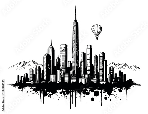 Hand drawn line art illustration of an urban city skyline depicting skyscrapers, mountains, and a hot air balloon for travel and architecture