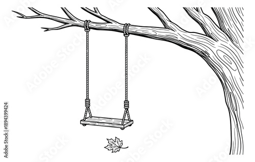 Hand drawn line art illustration of a tree swing depicting a fallen maple leaf for childhood memories and autumn