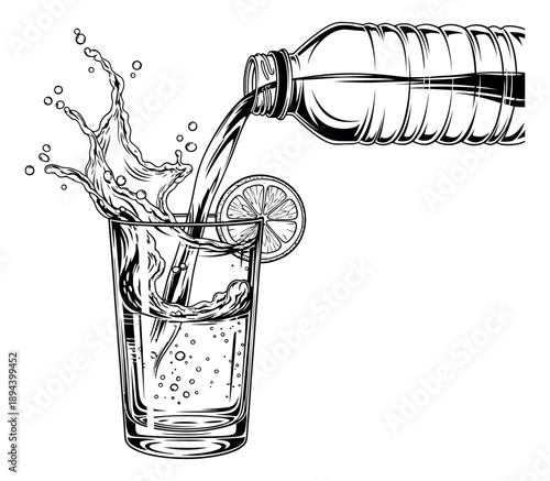 Line art illustration of water being poured from a bottle into a glass depicting a refreshing splash for beverage concepts