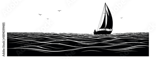Line art illustration of a sailboat depicting sailing on the ocean with birds for marine adventures