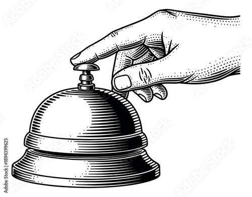 Hand drawn line art illustration of a hand ringing a service bell depicting a call for attention for hospitality service