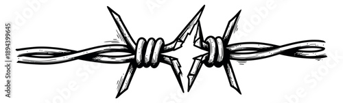 Hand drawn line art illustration of barbed wire depicting sharp spikes and twisted metal for concepts of danger or security