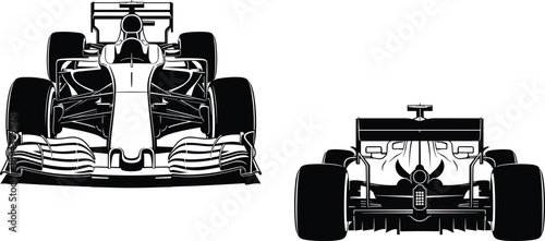 Formula race car illustration, front and rear views, aerodynamic single seater vehicle, motorsport speed concept, detailed outline