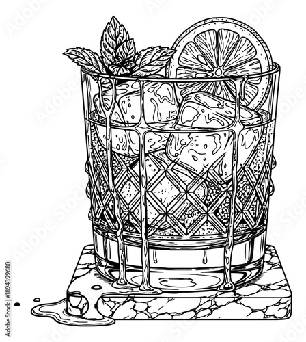 Hand drawn illustration of a refreshing cocktail depicting melting ice for a summer drink