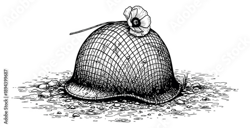 Hand drawn line art illustration of a military helmet depicting a poppy flower resting on muddy ground for remembrance