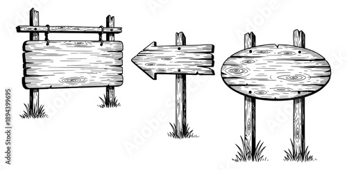 Hand drawn line art wooden signs set featuring rectangular, arrow, and oval shapes for information and navigation