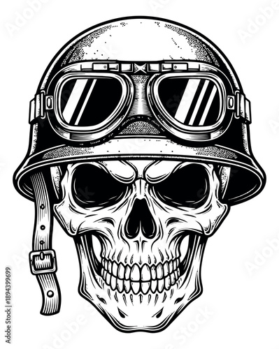 Hand drawn line art illustration of a skull depicting a military helmet and goggles for biker and vintage designs