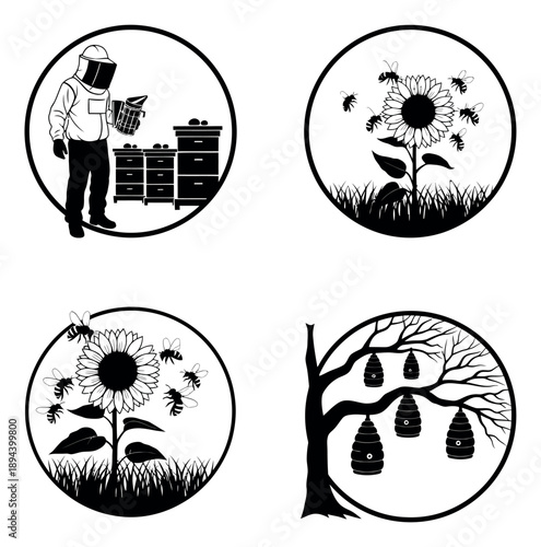 Hand drawn line art beekeeping icons set featuring a beekeeper, beehives, sunflowers, and bees for natural honey production
