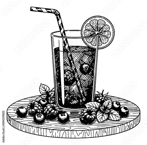 Hand drawn line art illustration of a berry drink depicting fresh fruit garnish on a wooden board for summer refreshment