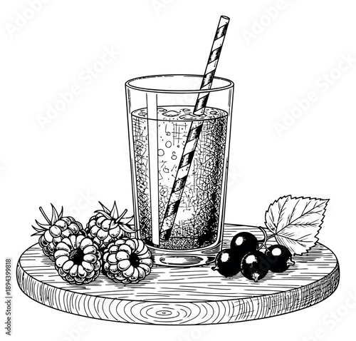 Hand drawn line art illustration of a berry drink depicting a glass with a straw, raspberries, and black currants on a wooden board for healthy beverages
