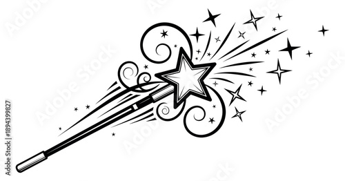 Line art illustration of a magic wand depicting a magical sparkle for a whimsical design
