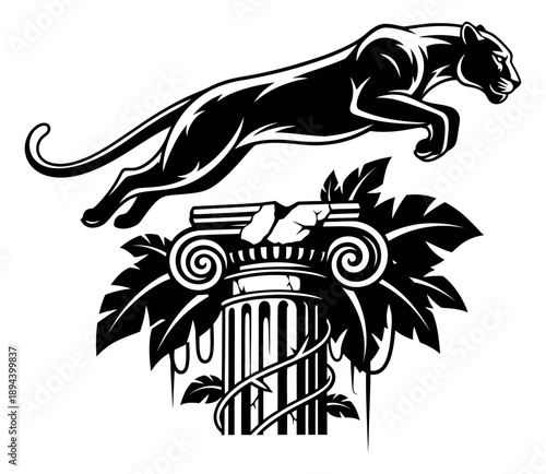 Bold graphic illustration of a leaping panther and a ruined column depicting power and wild nature for logo or mascot design