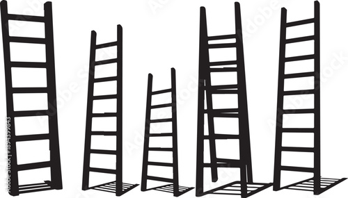Collection of black ladders in various sizes and positions