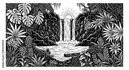 Hand drawn line art illustration of a tropical jungle scene depicting a waterfall and a boat under a rising sun for nature travel and tranquility