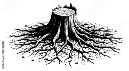 Hand drawn line art illustration of a tree stump depicting gnarled roots spreading for nature and environmental themes