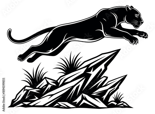Graphic line art illustration of a black panther depicting it jumping over rocks for sports team mascots or wildlife designs